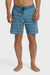 A man wearing blue boardshorts with white stripes and a drawstring waist on a white background.