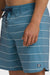 A man wearing blue boardshorts with white stripes and a drawstring waist on a white background.