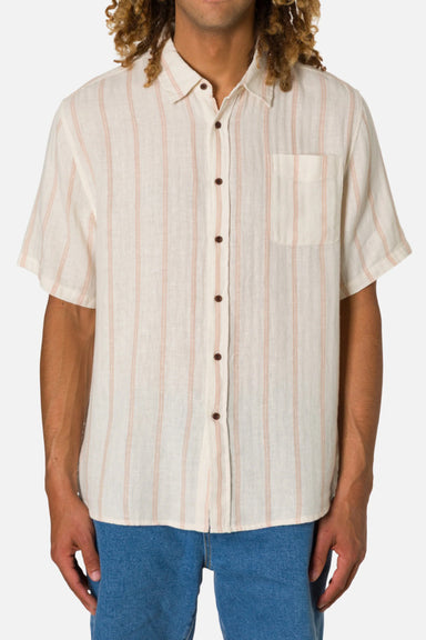 Man wearing a striped shirt with a white background