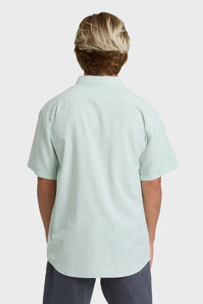 Back view of a man wearing a solid, light green short-sleeve button-up collared shirt on a white background