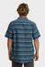 Back view of a man wearing a striped short-sleeved woven shirt with a collar and button-up closure, featuring a chest pocket. The shirt is primarily dark blue with faded cream stripes.