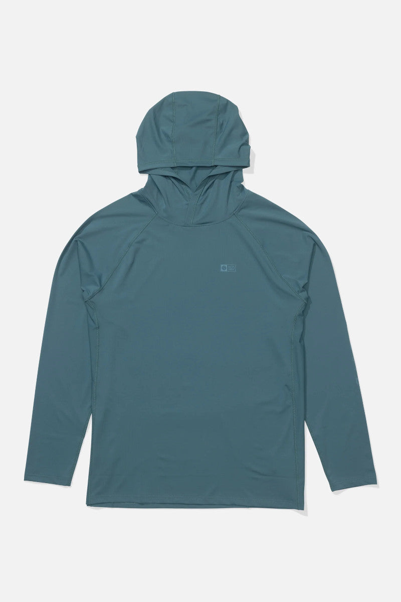 Teal hooded long-sleeve shirt on a light gray background