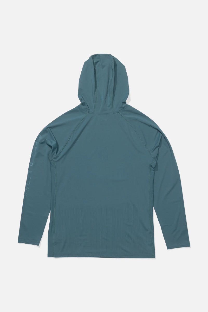Teal hooded long-sleeve shirt on a light gray background