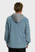 Person wearing a blue corduroy shirt with a gray hood on a white background