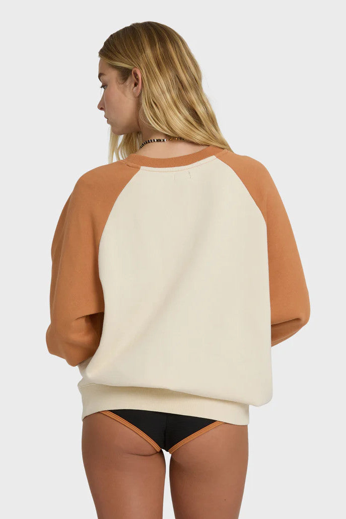 Back of a woman wearing a brown and beige sweatshirt on a white background