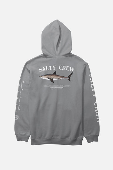 Back view of a gray hoodie with Salty Crew logo and shark graphic on a white background