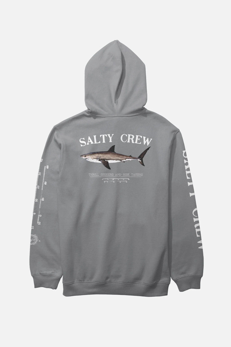 Back view of a gray hoodie with Salty Crew logo and shark graphic on a white background