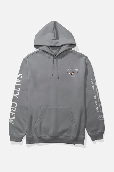 Gray hoodie with Salty Crew branding and shark graphic on chest on a white background