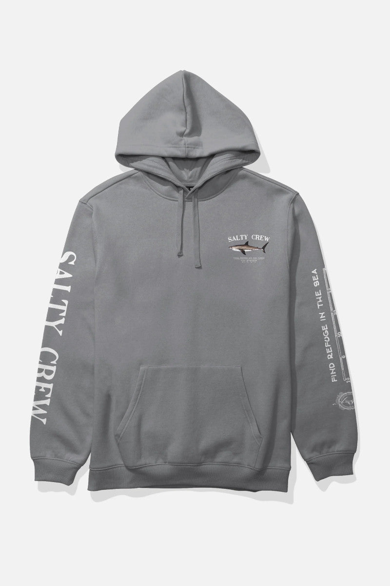 Gray hoodie with Salty Crew branding and shark graphic on chest on a white background