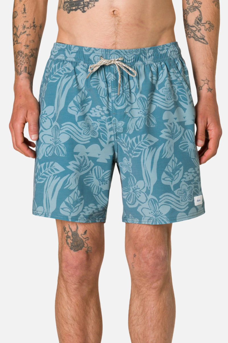 Person wearing blue floral-patterned shorts on a white background