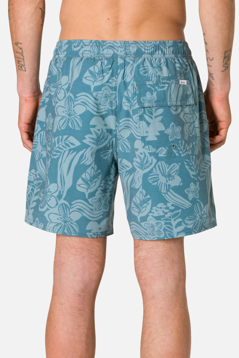Person wearing blue floral-patterned shorts on a plain background
