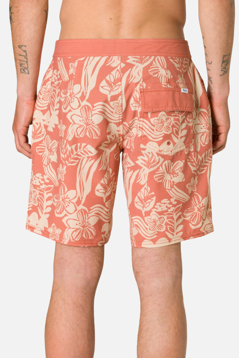 Person wearing coral floral-patterned shorts on a plain background