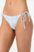Light blue plaid bikini bottom with white strings on a plain background