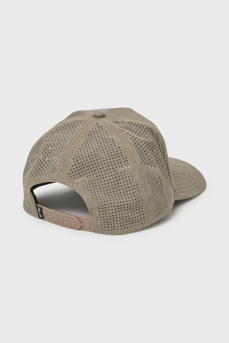 Back view of a tan snapback hat with mesh back.