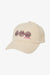 Beige cap with shell designs and branding on a white background