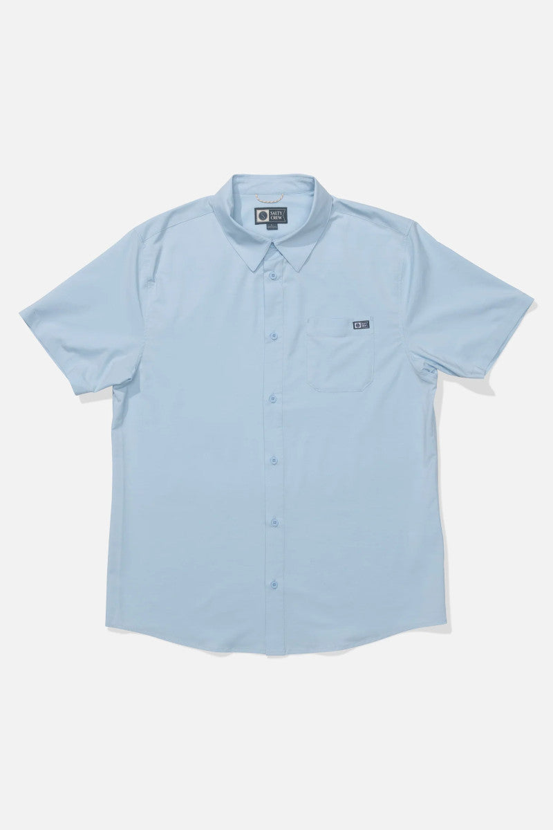 Light blue short-sleeve button-up shirt on a white background