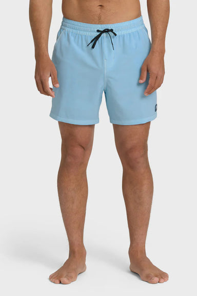 Man wearing light blue swim shorts with an elastic waist and drawstring on a white background