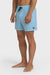 Man wearing light blue swim shorts with an elastic waist and drawstring on a white background