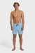 Man wearing light blue swim shorts with an elastic waist and drawstring on a white background