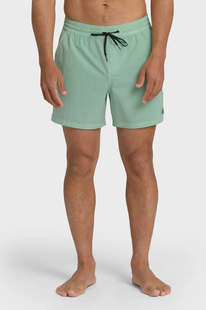 Man wearing light green swim shorts with an elastic waist and drawstring on a white background
