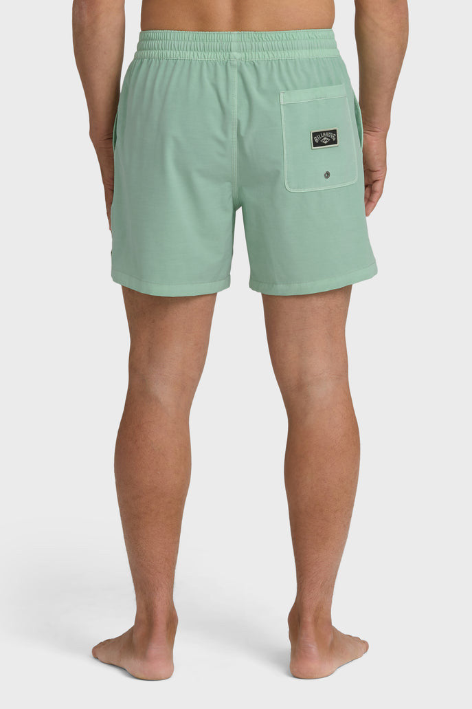 Back view of a man wearing light green swim shorts with an elastic waist and back pocket with branded patch on a white background