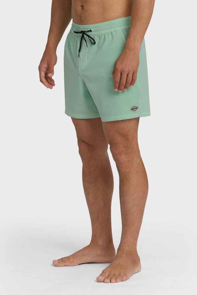 Man wearing light green swim shorts with an elastic waist and drawstring on a white background