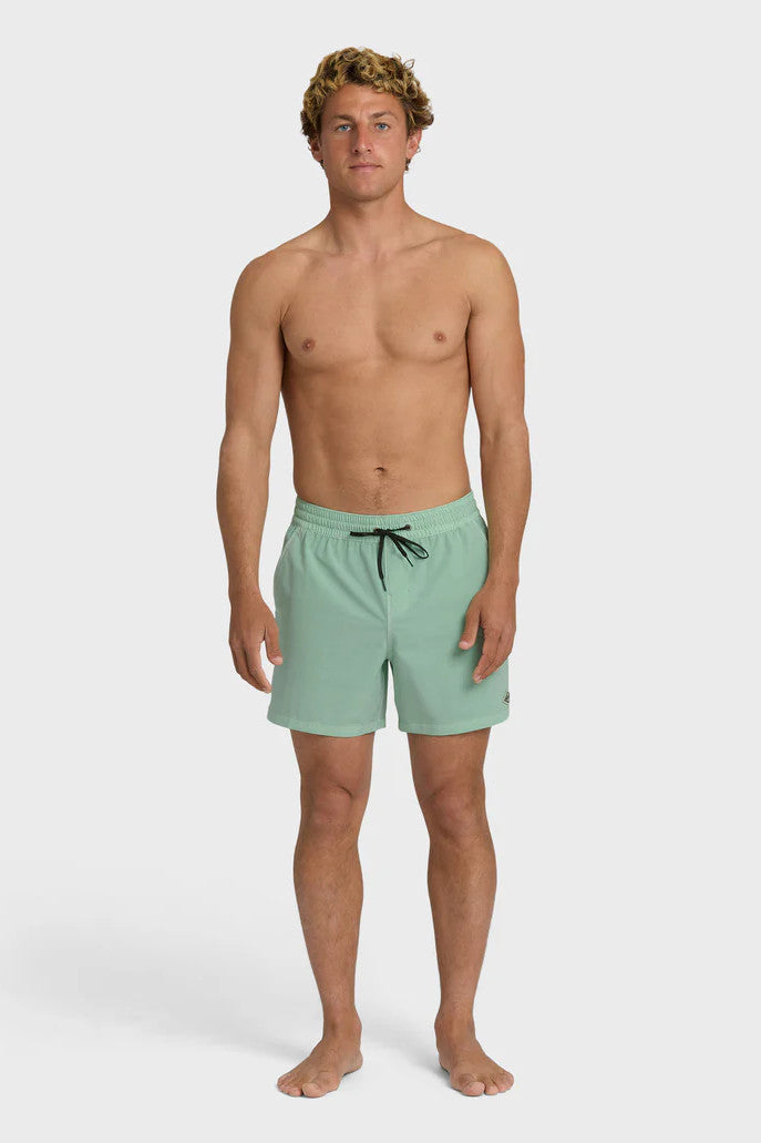 Man wearing light green swim shorts with an elastic waist and drawstring on a white background