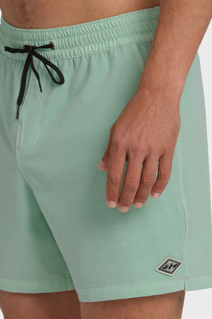 Man wearing light green swim shorts with an elastic waist and drawstring on a white background