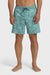 A man wearing teal boardshorts with a palm tree pattern, elastic waist and drawstring on a white background.