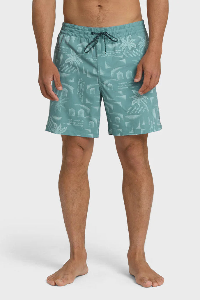 A man wearing teal boardshorts with a palm tree pattern, elastic waist and drawstring on a white background.