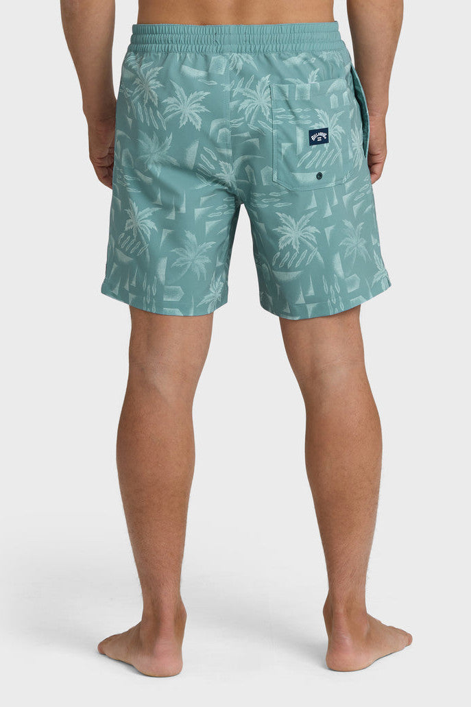 ABack view of a man wearing teal boardshorts with a palm tree pattern, elastic waist on a white background.