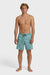 A man wearing teal boardshorts with a palm tree pattern, elastic waist and drawstring on a white background.