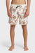 A man wearing cream boardshorts with a floral paisley pattern, elastic waist and drawstring on a white background.