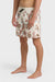 A man wearing cream boardshorts with a floral paisley pattern, elastic waist and drawstring on a white background.