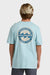 Person wearing a light blue Billabong t-shirt with a logo on the back against a white background