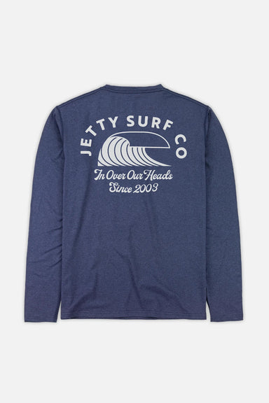 Back of a navy long sleeve t-shirt with a wave graphic that says "Jetty Surf Co In Over Our Heads Since 2003"