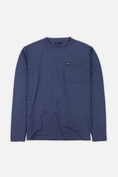 Front view of a navy long sleeve t-shirt with a chest pocket