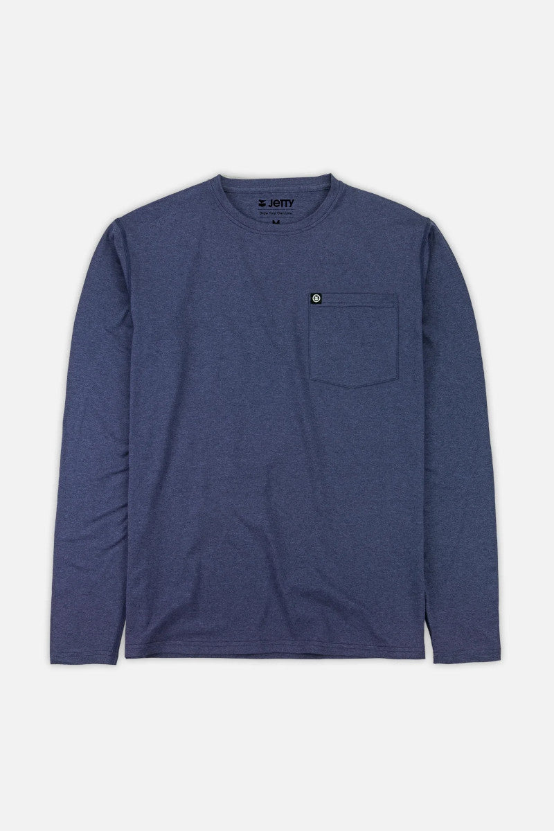 Front view of a navy long sleeve t-shirt with a chest pocket