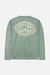 Back view of a green long sleeve t-shirt with a sun graphic that says "Jetty Surf Supply Company"