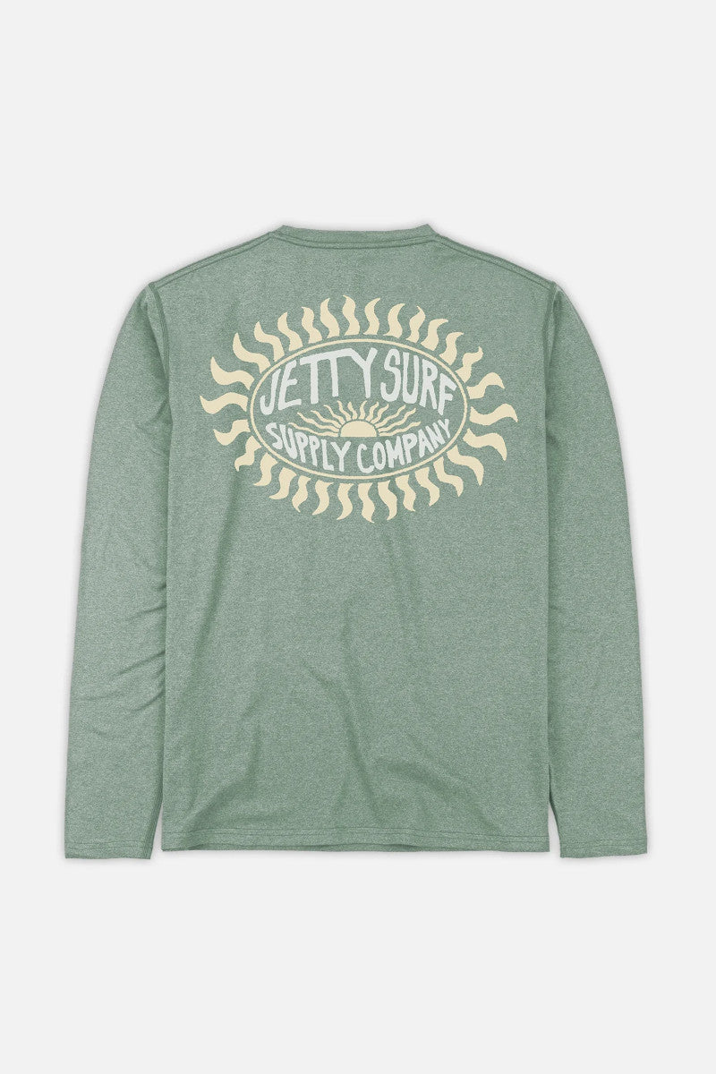 Back view of a green long sleeve t-shirt with a sun graphic that says "Jetty Surf Supply Company"