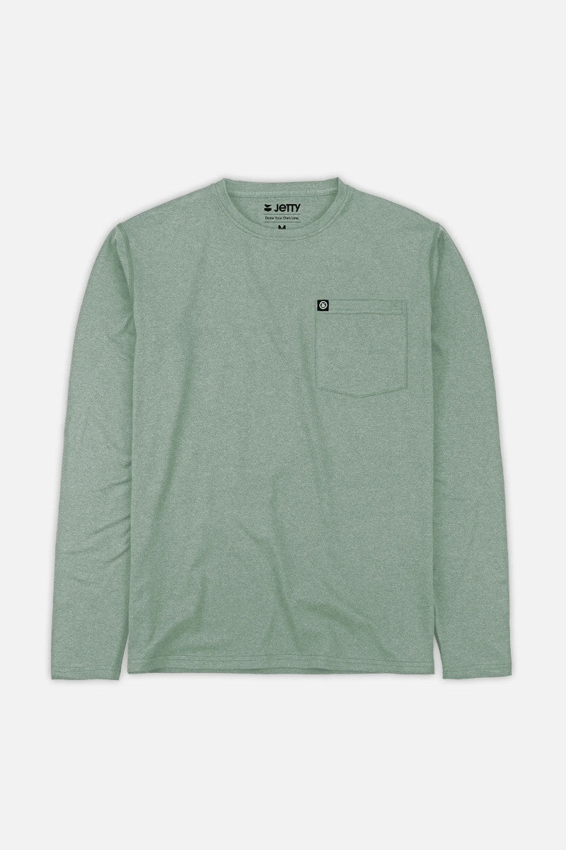 Front view of a green long sleeve shirt with a chest pocket