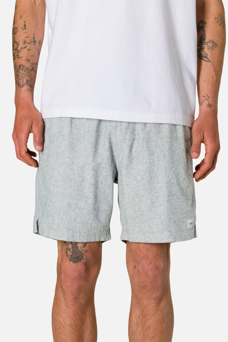 Person wearing gray shorts and a white shirt on a white background