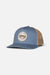 Blue and khaki trucker hat with a crab logo