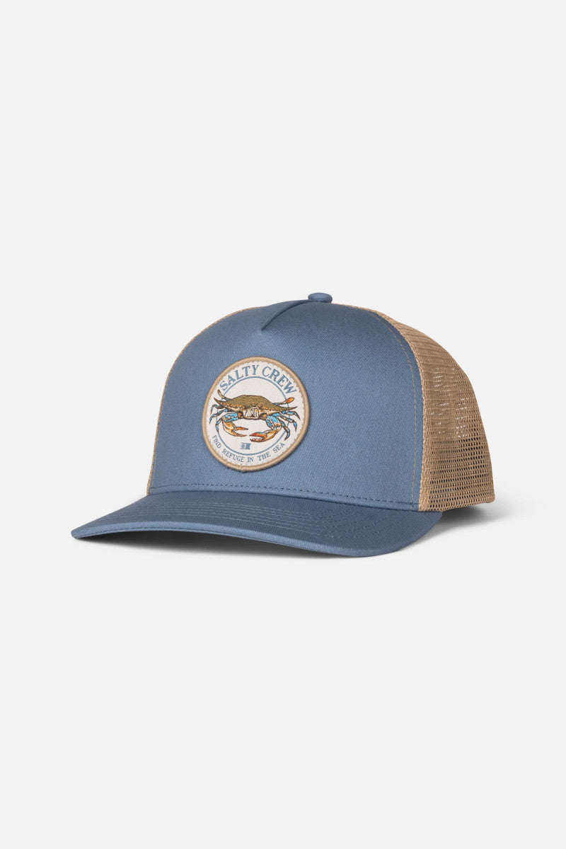 Blue and khaki trucker hat with a crab logo