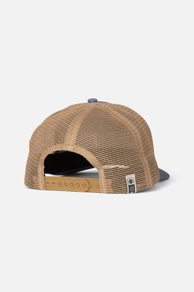 Back view of a blue and khaki trucker hat 
