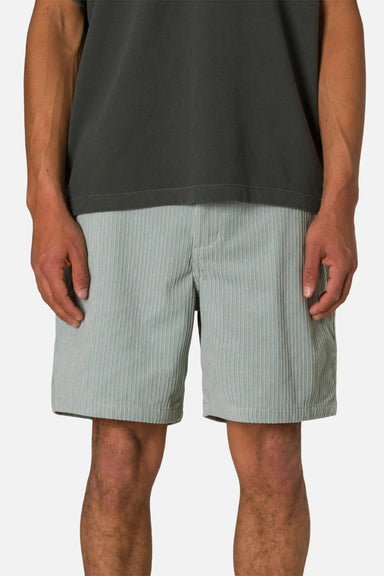 Person wearing light blue shorts with a subtle pattern on a white background