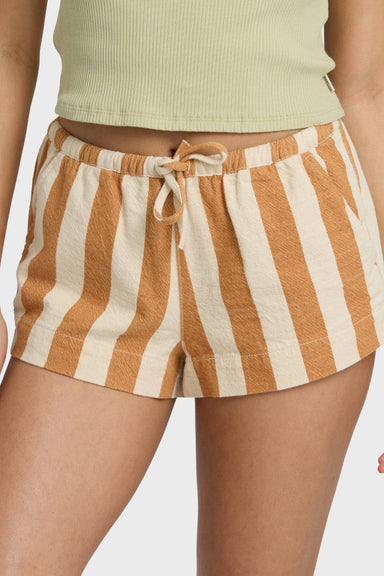 Striped shorts with a drawstring on a plain background