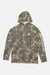 Camouflage hoodie with text on sleeve against a white background