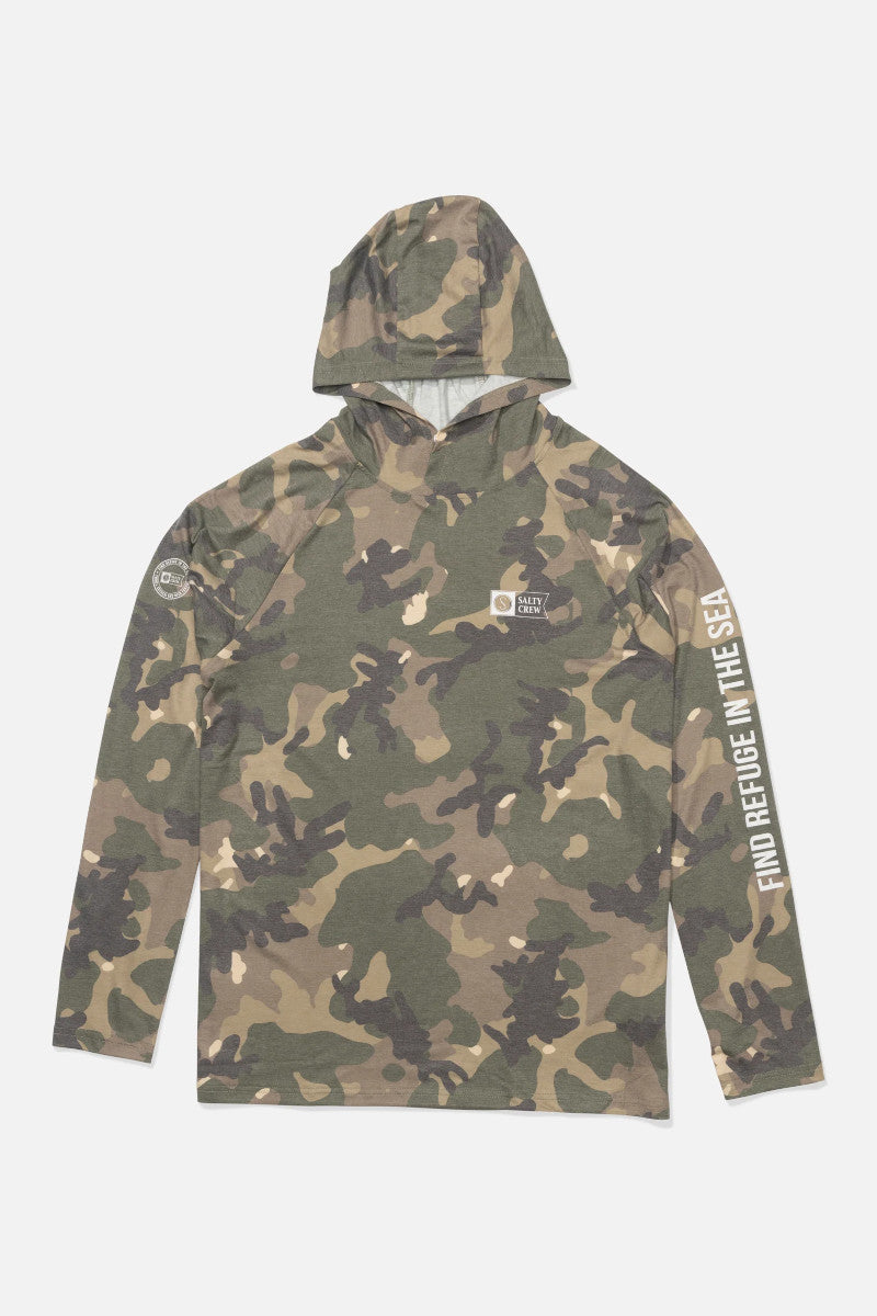 Camouflage hoodie with text on sleeve against a white background