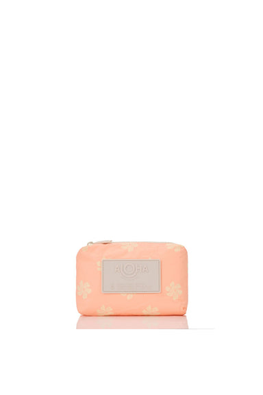 Pink floral pouch with a brand label on a white background